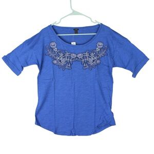 J. CREW Women Royal Blue Embroidered Short Sleeve T-Shirt Size L NWT Relaxed